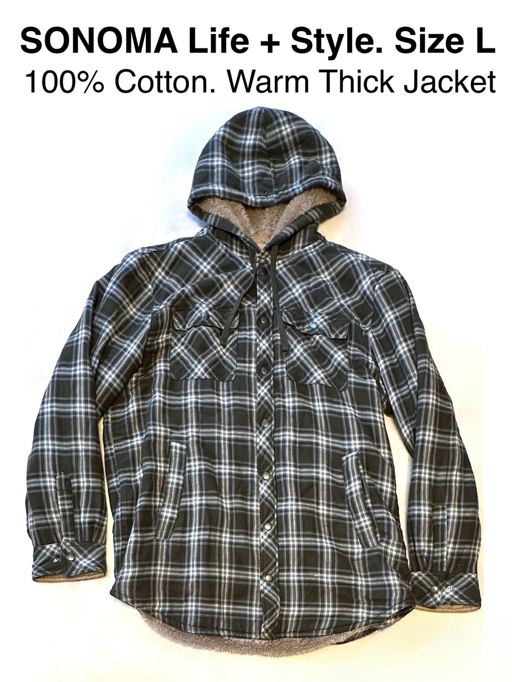 SONOMA Life Style Plaid Sherpa  Hooded Jacket Cotton Flannel Coat Fall Winter